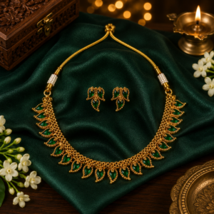 Emerald Leaf Gold Finish Necklace Set - 019