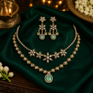 Floral Layered AD Stone Necklace Set - 007