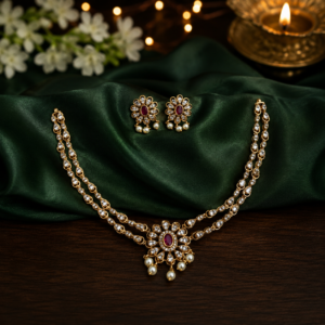 Ruby Bloom AD Stone Necklace Set - 014