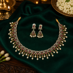 Ruby Pearl AD Stone Necklace Set - 012
