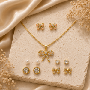 Bow Pendant Jewellery Gift Set with Necklace and 6 Pairs of Stud Earrings - 001