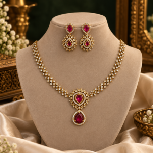 AD Stone Necklace Set with Red Stones and Matching Earrings - 001