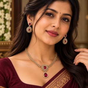 AD Stone Necklace Set with Red Stones and Matching Earrings - 001
