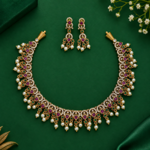 AD Stone Ruby Green Pearl Necklace Set - 003